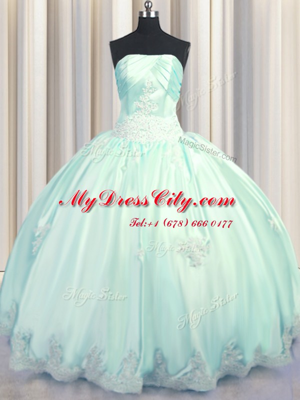 Taffeta Strapless Sleeveless Lace Up Beading and Appliques Quinceanera Dresses in Apple Green