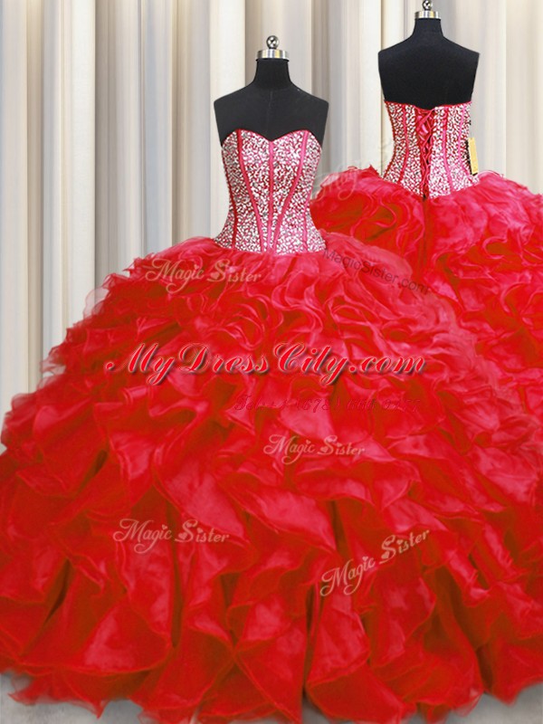 Custom Made Visible Boning Red Ball Gowns Sweetheart Sleeveless Organza Floor Length Lace Up Beading and Ruffles Sweet 16 Dress