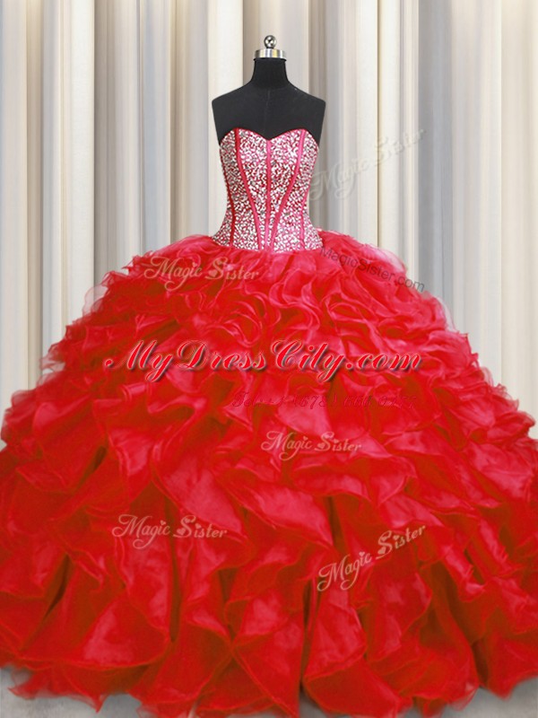 Custom Made Visible Boning Red Ball Gowns Sweetheart Sleeveless Organza Floor Length Lace Up Beading and Ruffles Sweet 16 Dress