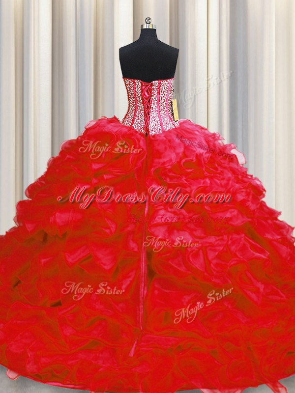 Custom Made Visible Boning Red Ball Gowns Sweetheart Sleeveless Organza Floor Length Lace Up Beading and Ruffles Sweet 16 Dress