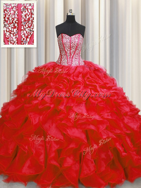 Custom Made Visible Boning Red Ball Gowns Sweetheart Sleeveless Organza Floor Length Lace Up Beading and Ruffles Sweet 16 Dress