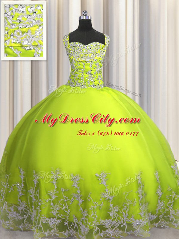 Modest Yellow Green Lace Up Straps Beading and Appliques 15 Quinceanera Dress Tulle Sleeveless