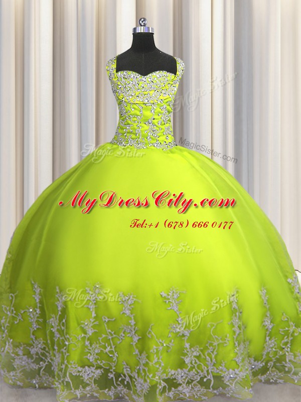 Modest Yellow Green Lace Up Straps Beading and Appliques 15 Quinceanera Dress Tulle Sleeveless