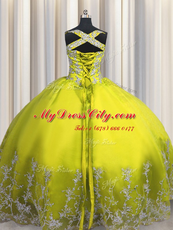 Modest Yellow Green Lace Up Straps Beading and Appliques 15 Quinceanera Dress Tulle Sleeveless