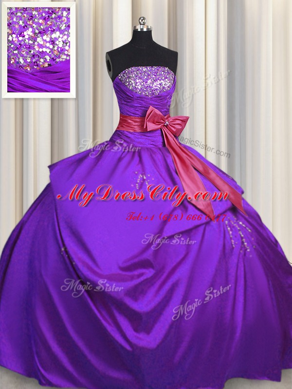 High Quality Purple Lace Up Strapless Beading and Bowknot Quinceanera Dress Taffeta Sleeveless