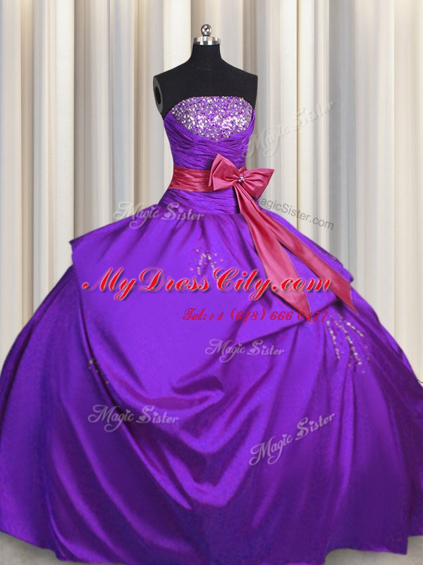 High Quality Purple Lace Up Strapless Beading and Bowknot Quinceanera Dress Taffeta Sleeveless