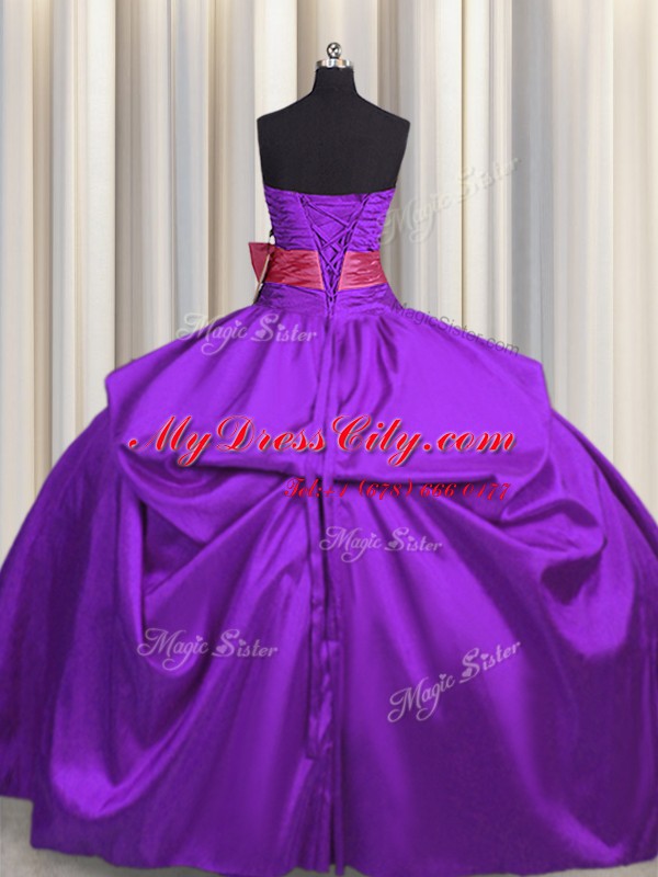 High Quality Purple Lace Up Strapless Beading and Bowknot Quinceanera Dress Taffeta Sleeveless