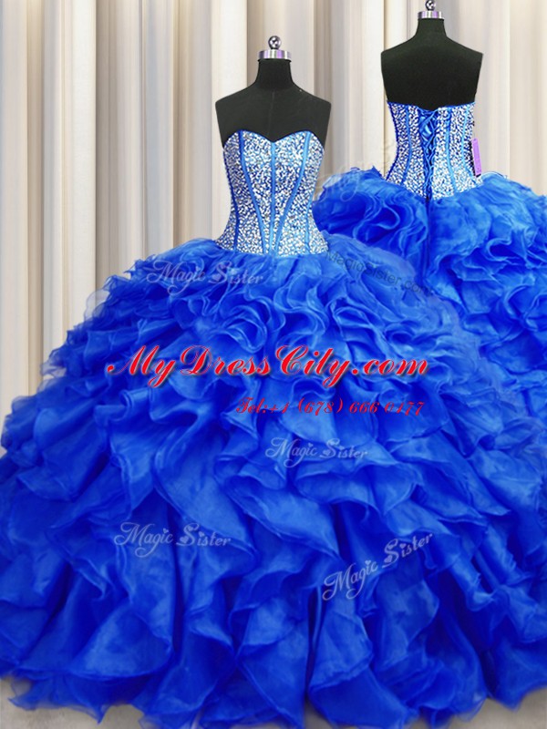 Edgy Visible Boning Sweetheart Sleeveless Organza Quinceanera Dress Beading and Ruffles Brush Train Lace Up