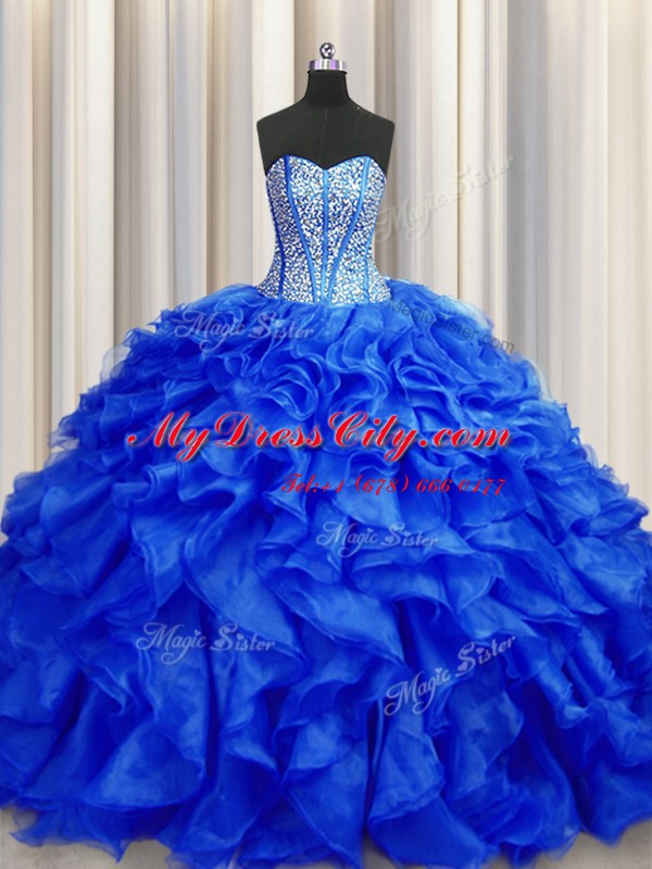 Edgy Visible Boning Sweetheart Sleeveless Organza Quinceanera Dress Beading and Ruffles Brush Train Lace Up