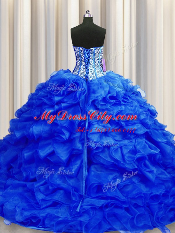 Edgy Visible Boning Sweetheart Sleeveless Organza Quinceanera Dress Beading and Ruffles Brush Train Lace Up