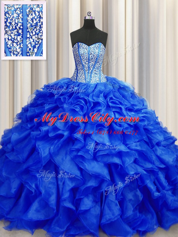 Edgy Visible Boning Sweetheart Sleeveless Organza Quinceanera Dress Beading and Ruffles Brush Train Lace Up