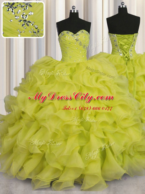 Sexy Sweetheart Sleeveless Organza Sweet 16 Dresses Beading and Ruffles Lace Up