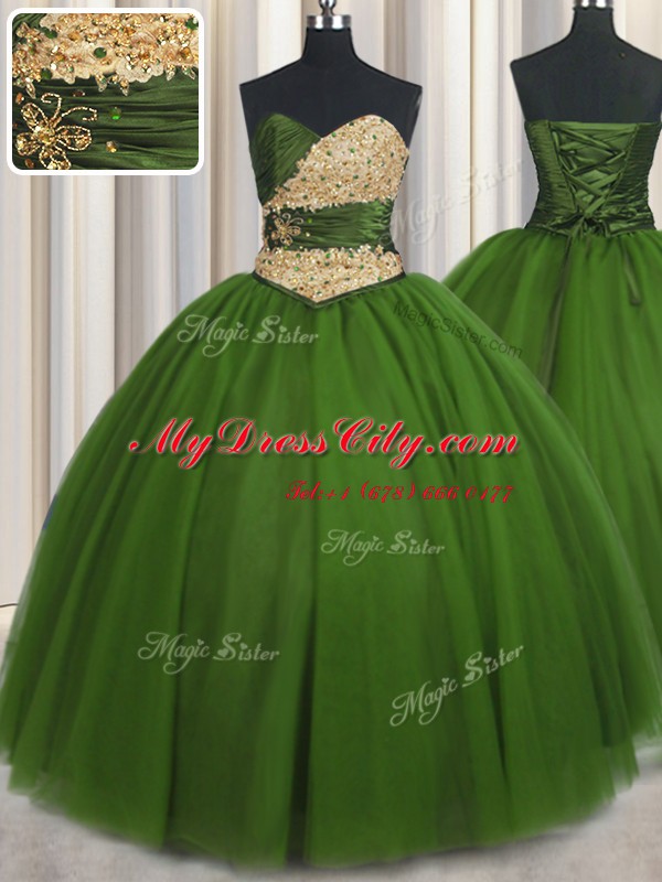 Hot Sale Sleeveless Floor Length Beading and Ruching and Belt Lace Up Sweet 16 Quinceanera Dress with Green