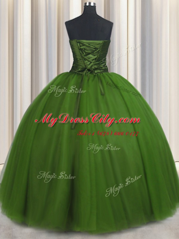 Hot Sale Sleeveless Floor Length Beading and Ruching and Belt Lace Up Sweet 16 Quinceanera Dress with Green