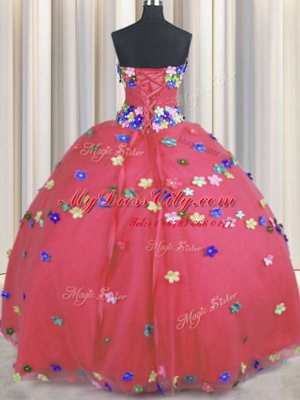 Great Coral Red Lace Up Quinceanera Gowns Hand Made Flower Sleeveless Floor Length