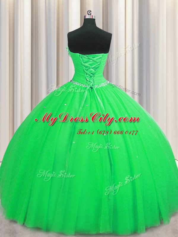 Handcrafted Flower Green Lace Up Strapless Beading and Sequins and Hand Made Flower 15th Birthday Dress Tulle Sleeveless