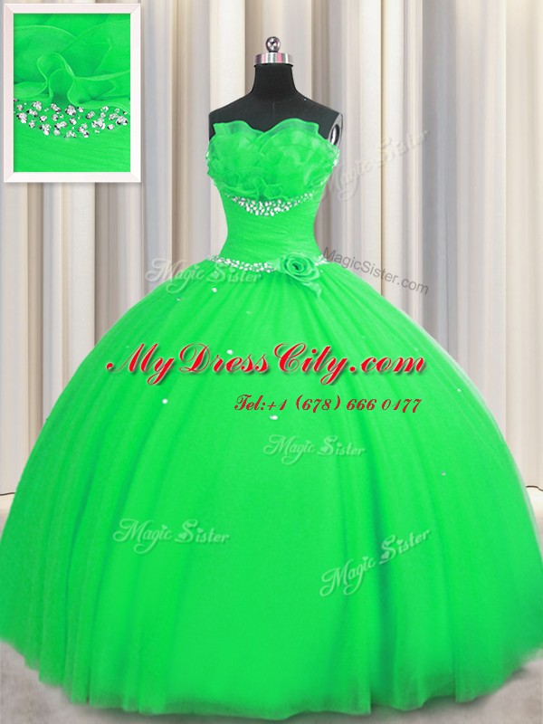 Handcrafted Flower Green Lace Up Strapless Beading and Sequins and Hand Made Flower 15th Birthday Dress Tulle Sleeveless