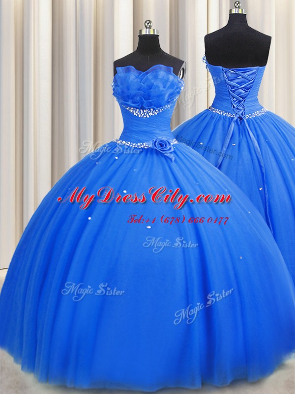 Decent Handcrafted Flower Tulle Sleeveless Floor Length Quinceanera Dresses and Beading and Sequins and Hand Made Flower