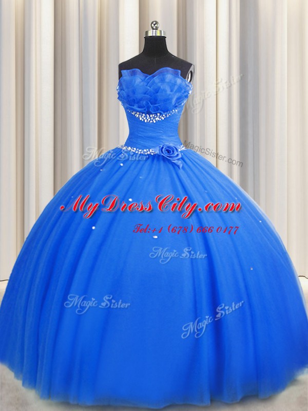 Decent Handcrafted Flower Tulle Sleeveless Floor Length Quinceanera Dresses and Beading and Sequins and Hand Made Flower