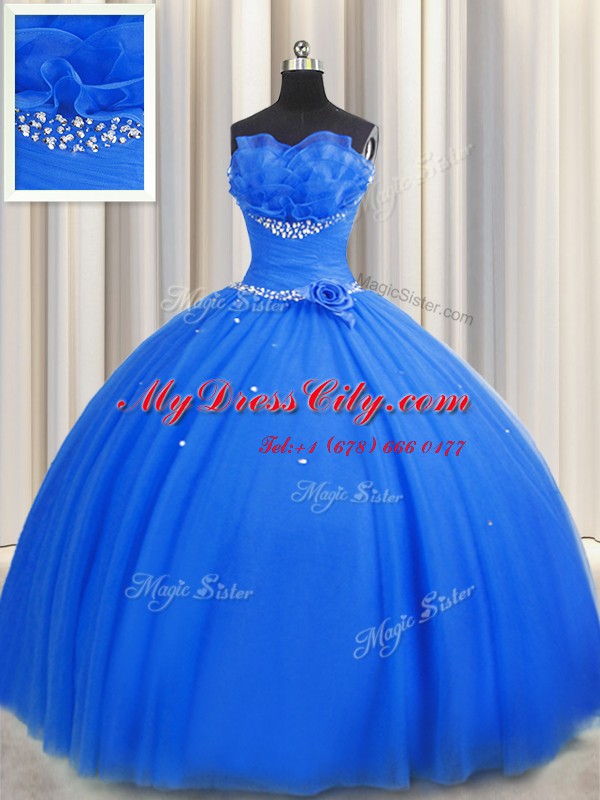 Decent Handcrafted Flower Tulle Sleeveless Floor Length Quinceanera Dresses and Beading and Sequins and Hand Made Flower