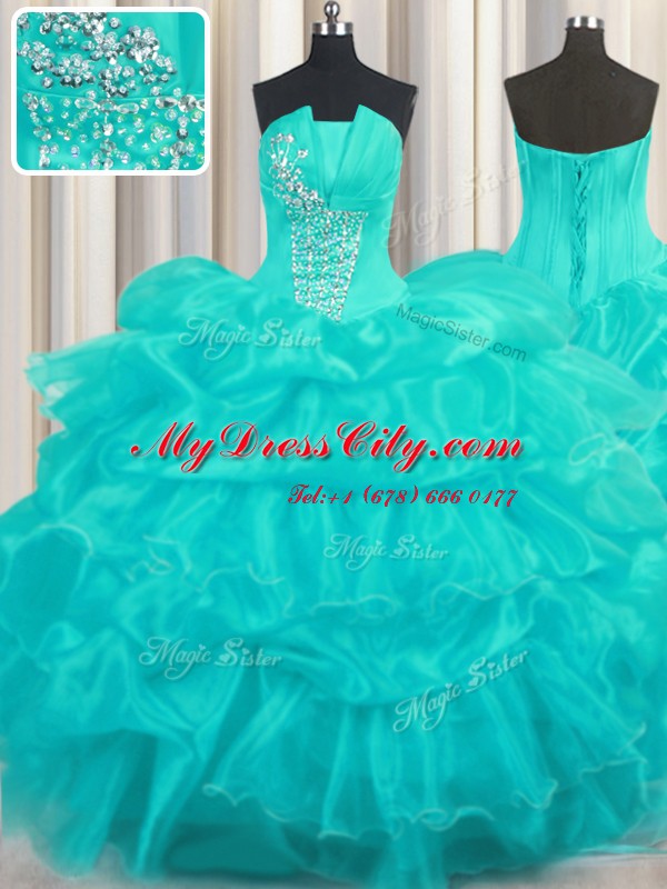 Aqua Blue Ball Gowns Strapless Sleeveless Organza Floor Length Lace Up Beading and Ruffled Layers and Pick Ups Ball Gown Prom Dress