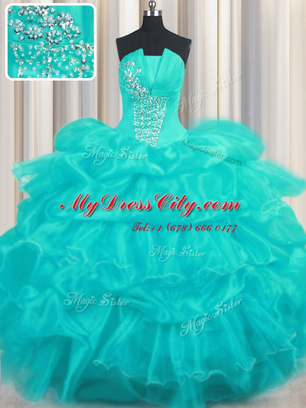 Aqua Blue Ball Gowns Strapless Sleeveless Organza Floor Length Lace Up Beading and Ruffled Layers and Pick Ups Ball Gown Prom Dress