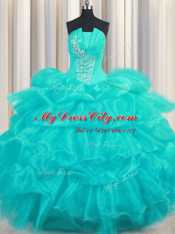 Aqua Blue Ball Gowns Strapless Sleeveless Organza Floor Length Lace Up Beading and Ruffled Layers and Pick Ups Ball Gown Prom Dress