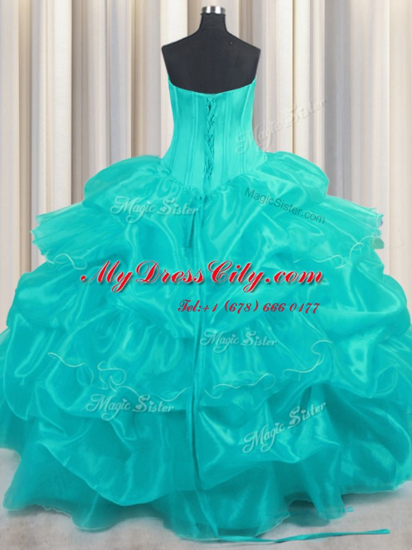 Aqua Blue Ball Gowns Strapless Sleeveless Organza Floor Length Lace Up Beading and Ruffled Layers and Pick Ups Ball Gown Prom Dress