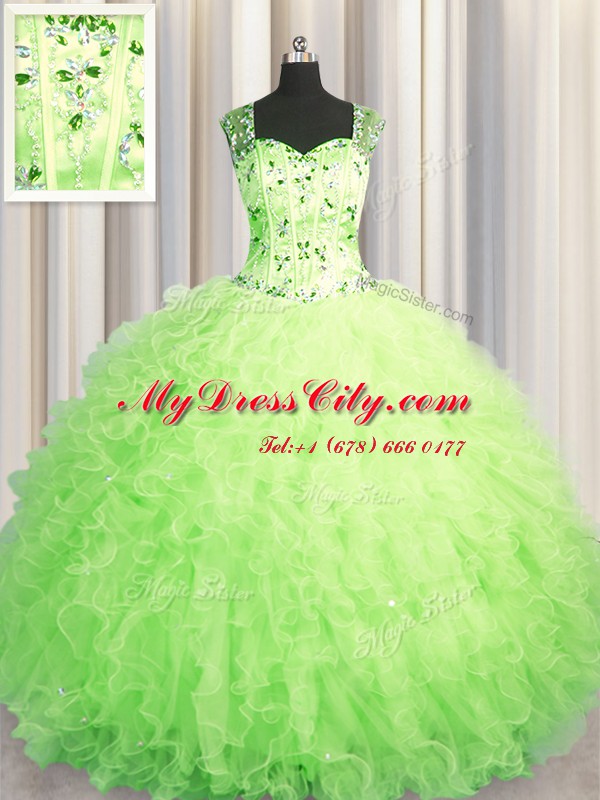 Hot Selling See Through Zipper Up Green Ball Gowns Straps Sleeveless Tulle Floor Length Zipper Beading and Ruffles Quinceanera Dress