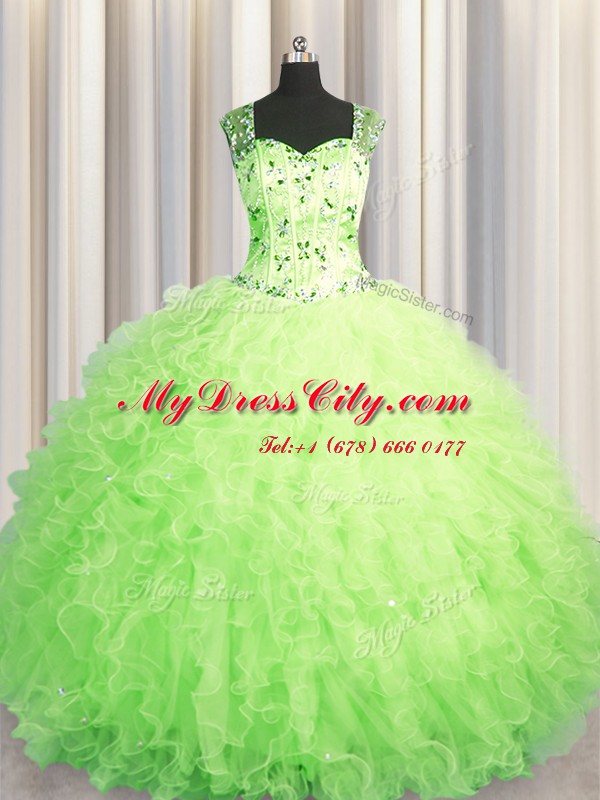 Hot Selling See Through Zipper Up Green Ball Gowns Straps Sleeveless Tulle Floor Length Zipper Beading and Ruffles Quinceanera Dress