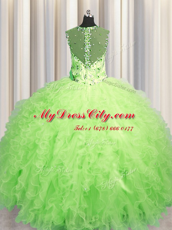 Hot Selling See Through Zipper Up Green Ball Gowns Straps Sleeveless Tulle Floor Length Zipper Beading and Ruffles Quinceanera Dress