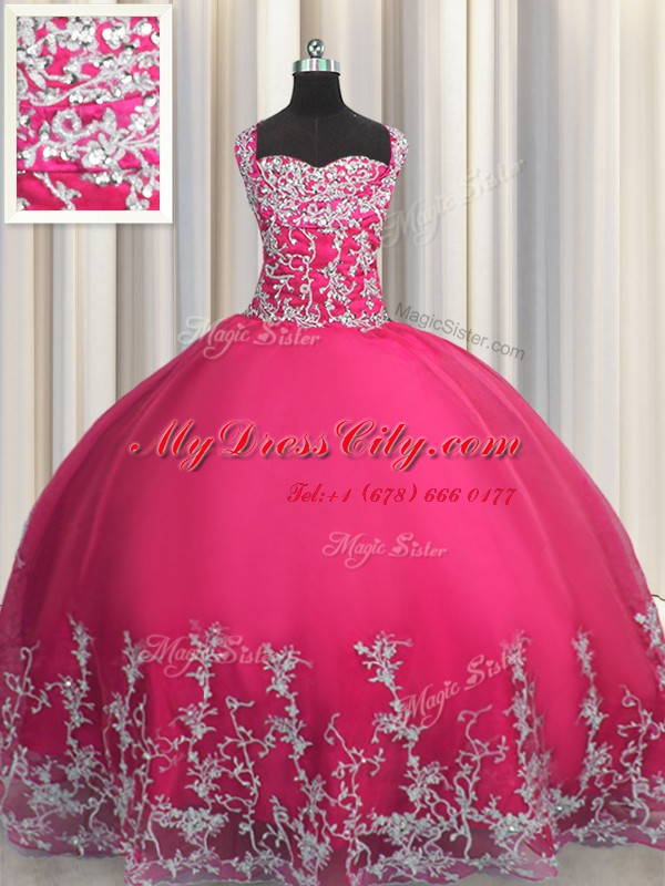 Hot Pink Sleeveless Tulle Lace Up Quince Ball Gowns for Military Ball and Sweet 16 and Quinceanera