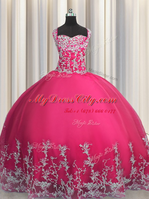 Hot Pink Sleeveless Tulle Lace Up Quince Ball Gowns for Military Ball and Sweet 16 and Quinceanera