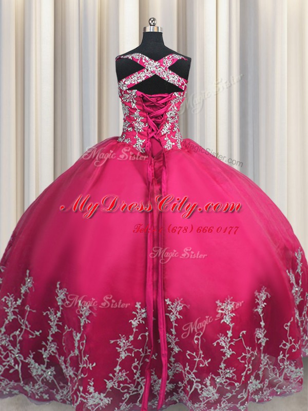 Hot Pink Sleeveless Tulle Lace Up Quince Ball Gowns for Military Ball and Sweet 16 and Quinceanera