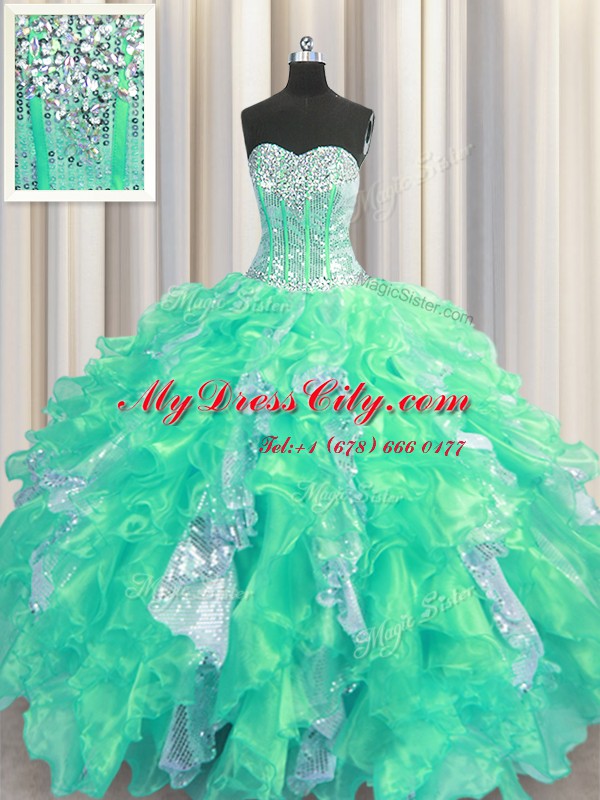 Sequins Floor Length Ball Gowns Sleeveless Turquoise Quinceanera Dresses Lace Up