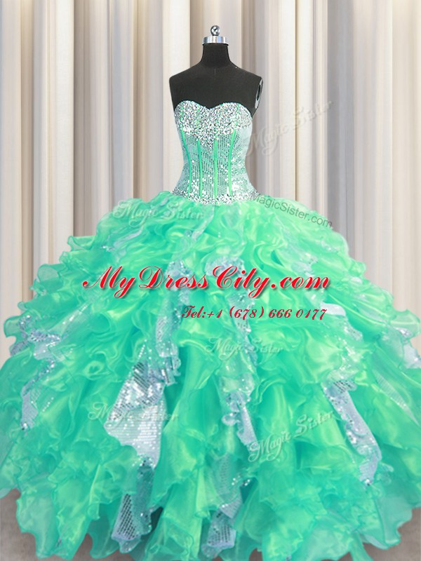 Sequins Floor Length Ball Gowns Sleeveless Turquoise Quinceanera Dresses Lace Up