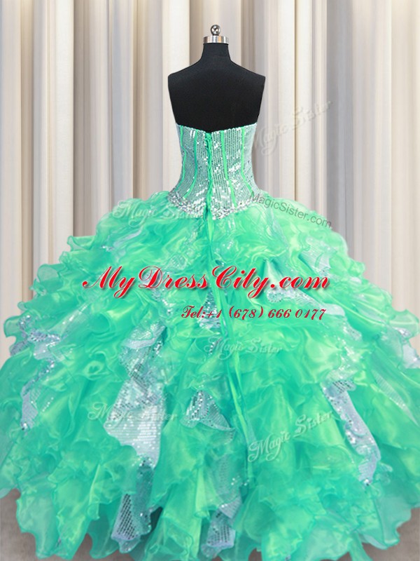 Sequins Floor Length Ball Gowns Sleeveless Turquoise Quinceanera Dresses Lace Up