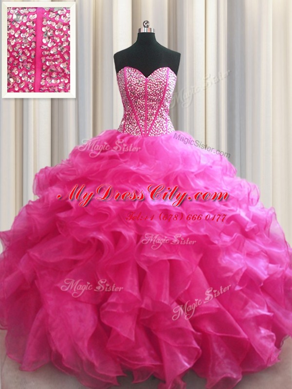 Visible Boning Sweetheart Sleeveless Sweet 16 Dresses Floor Length Beading and Ruffles Hot Pink Organza