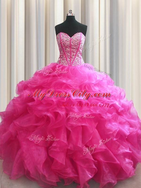 Visible Boning Sweetheart Sleeveless Sweet 16 Dresses Floor Length Beading and Ruffles Hot Pink Organza