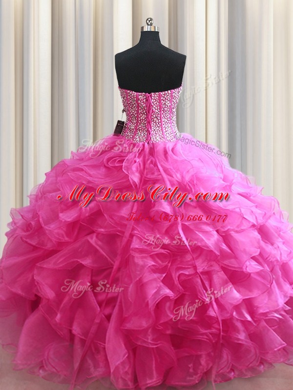 Visible Boning Sweetheart Sleeveless Sweet 16 Dresses Floor Length Beading and Ruffles Hot Pink Organza