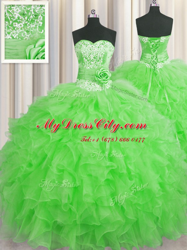 Enchanting Handcrafted Flower Green Organza Lace Up Sweet 16 Quinceanera Dress Sleeveless Floor Length Beading and Ruffles and Hand Made Flower