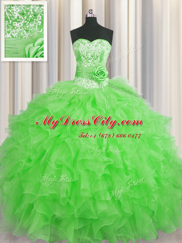 Enchanting Handcrafted Flower Green Organza Lace Up Sweet 16 Quinceanera Dress Sleeveless Floor Length Beading and Ruffles and Hand Made Flower