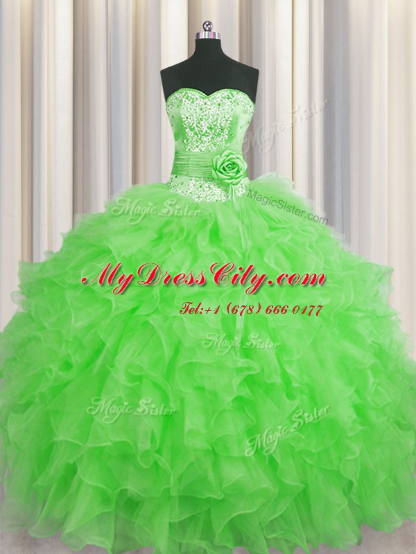 Enchanting Handcrafted Flower Green Organza Lace Up Sweet 16 Quinceanera Dress Sleeveless Floor Length Beading and Ruffles and Hand Made Flower