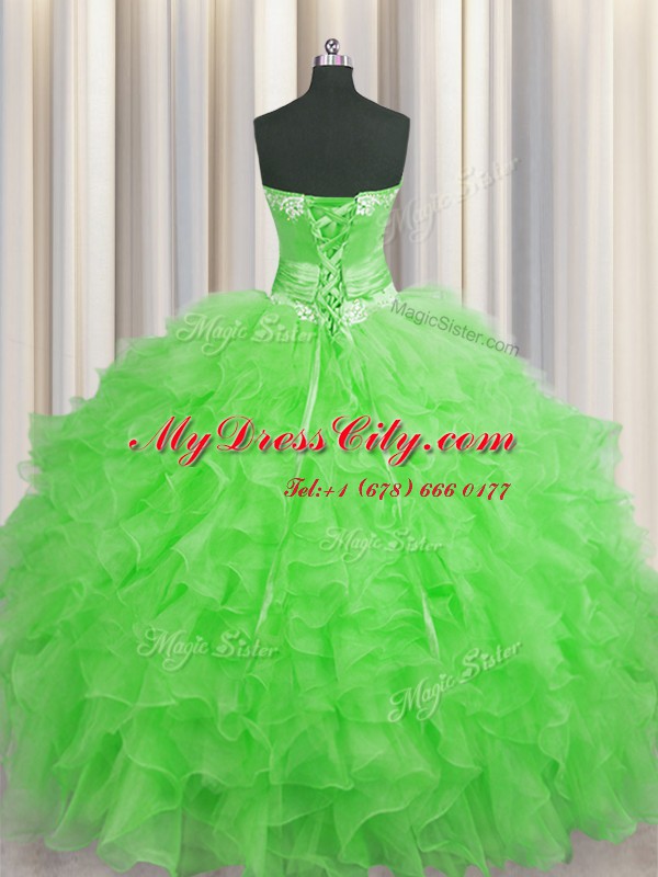 Enchanting Handcrafted Flower Green Organza Lace Up Sweet 16 Quinceanera Dress Sleeveless Floor Length Beading and Ruffles and Hand Made Flower