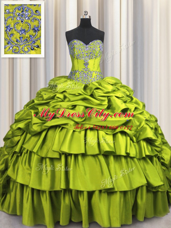 Brush Train Sleeveless Floor Length Beading and Embroidery and Ruffled Layers and Pick Ups Lace Up Quinceanera Dresses with Olive Green