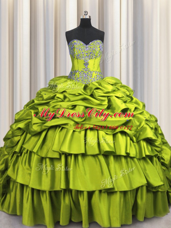 Brush Train Sleeveless Floor Length Beading and Embroidery and Ruffled Layers and Pick Ups Lace Up Quinceanera Dresses with Olive Green