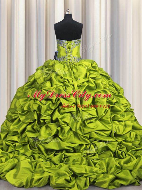 Brush Train Sleeveless Floor Length Beading and Embroidery and Ruffled Layers and Pick Ups Lace Up Quinceanera Dresses with Olive Green