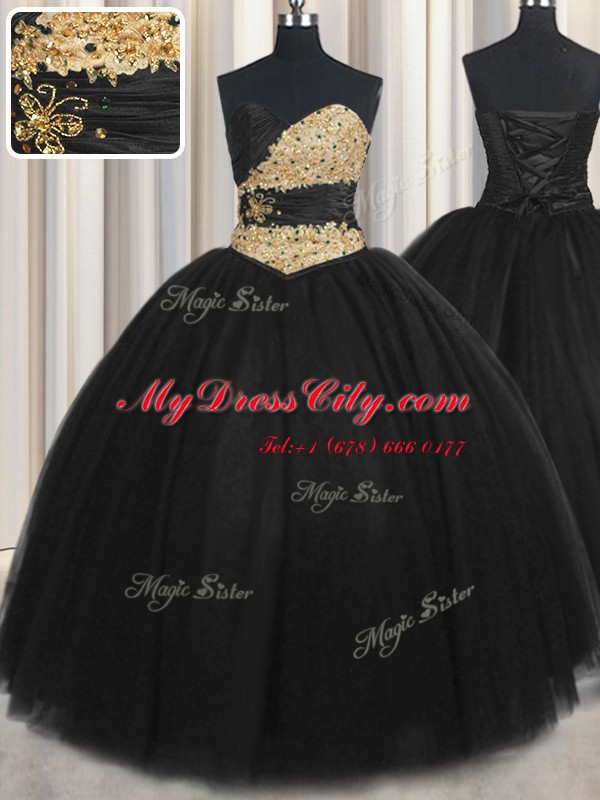 Exquisite Black Sleeveless Beading and Appliques and Ruching and Belt Floor Length 15 Quinceanera Dress