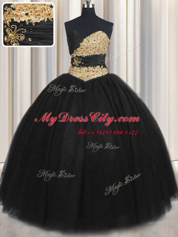 Exquisite Black Sleeveless Beading and Appliques and Ruching and Belt Floor Length 15 Quinceanera Dress