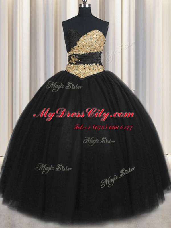 Exquisite Black Sleeveless Beading and Appliques and Ruching and Belt Floor Length 15 Quinceanera Dress